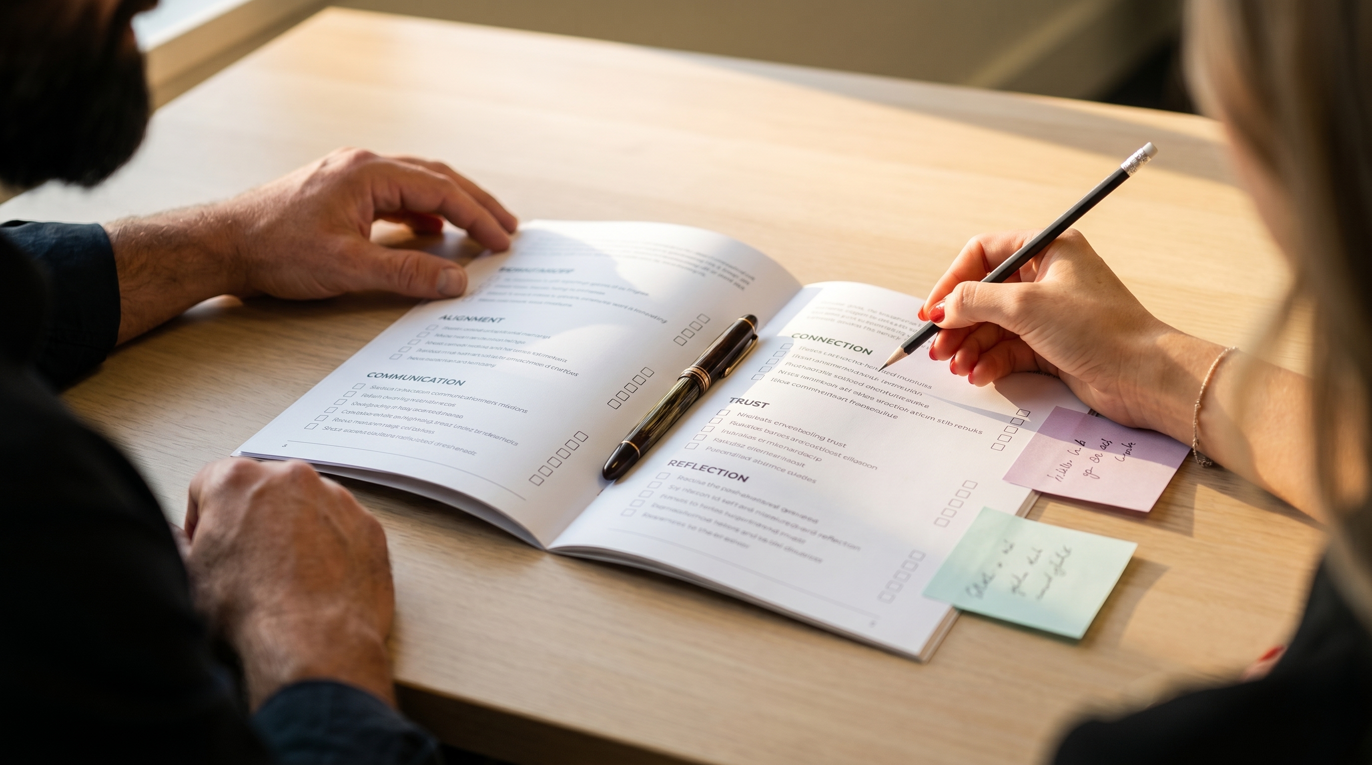 Close-up of a printed 4-page team self-assessment booklet with a five-themed checklist mid-completion