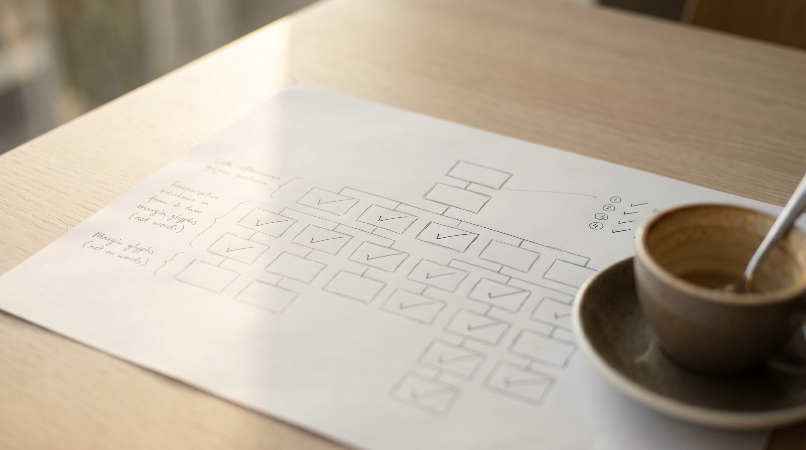 Close-up of a marked-up paper plan with check marks and margin notes, half-empty coffee cup at the edge — artifacts left after the room emptied