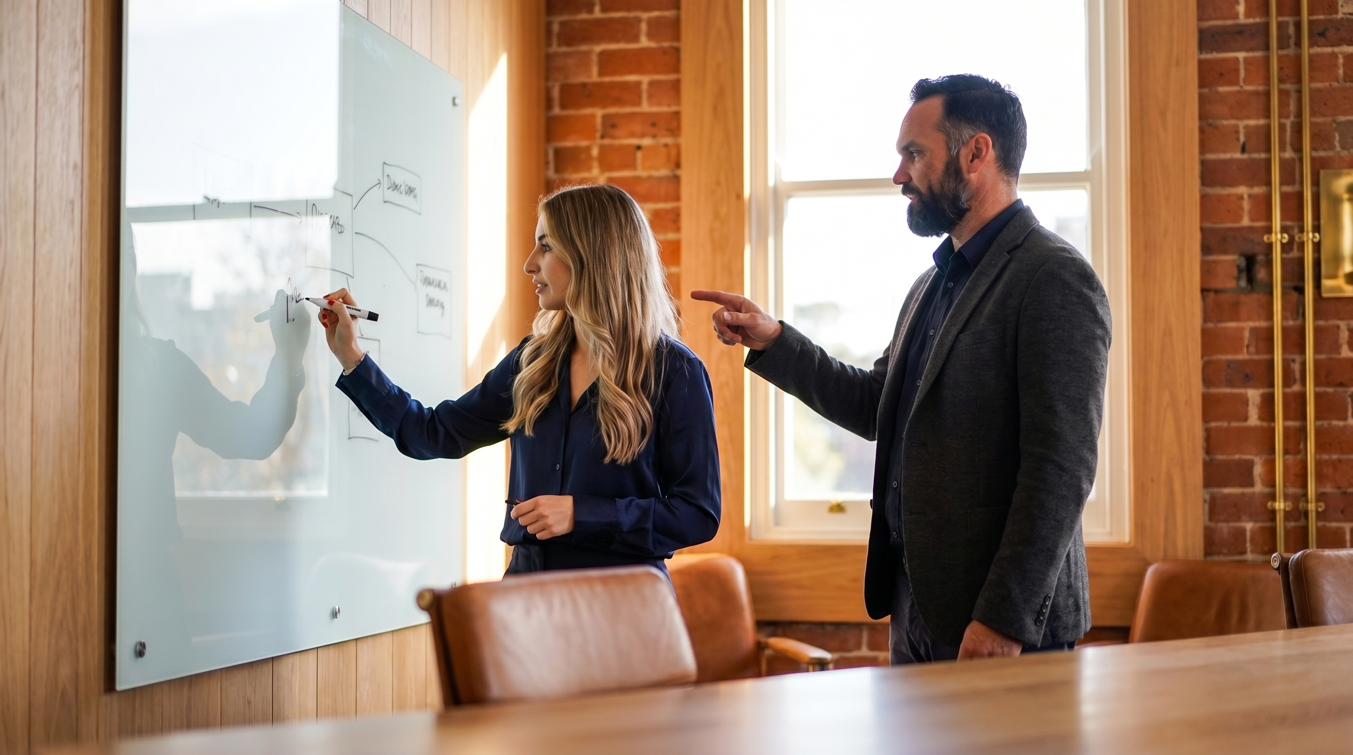 Anthony and Shannon working at a glass whiteboard