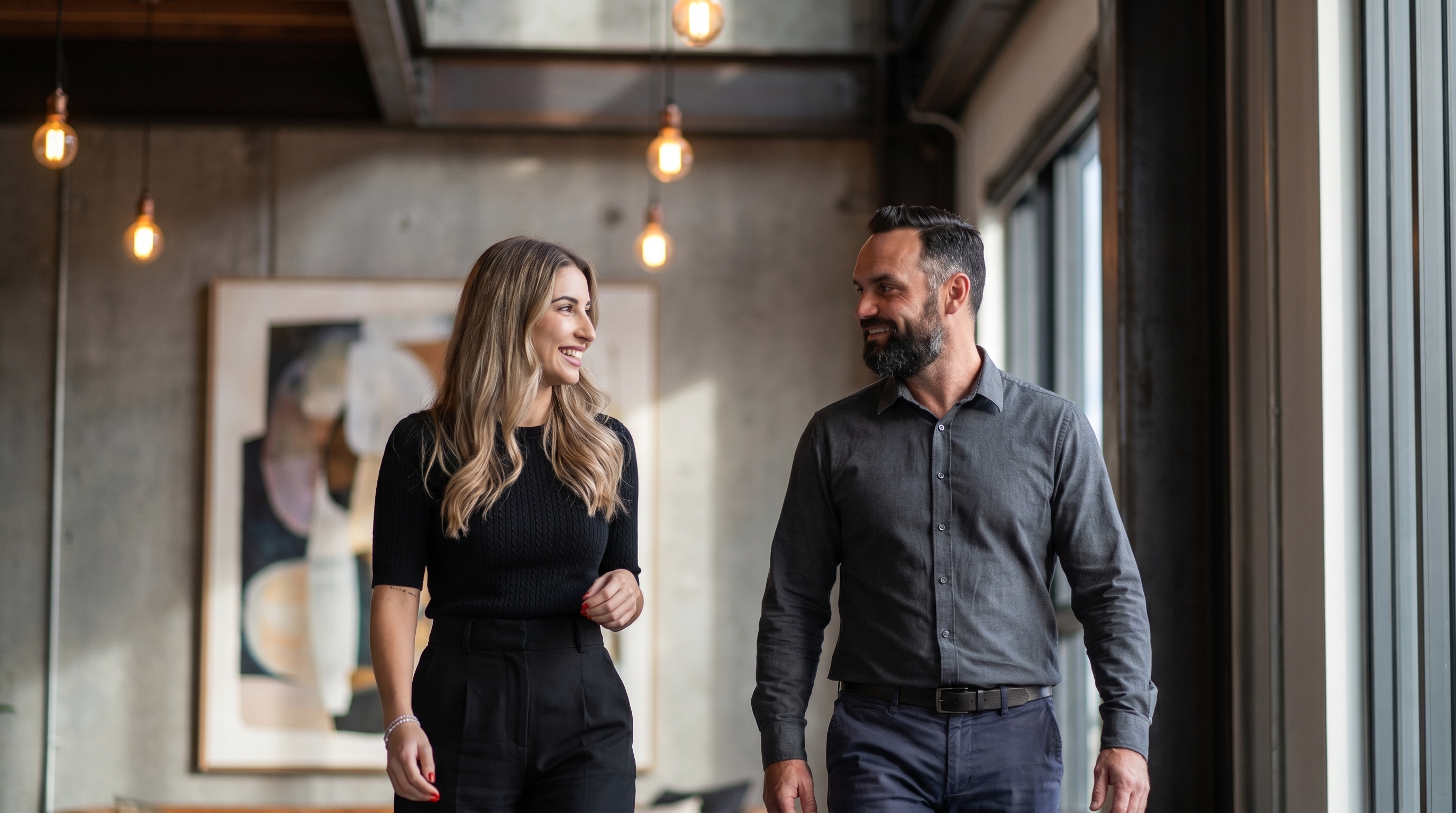 Anthony and Shannon walking through an industrial loft