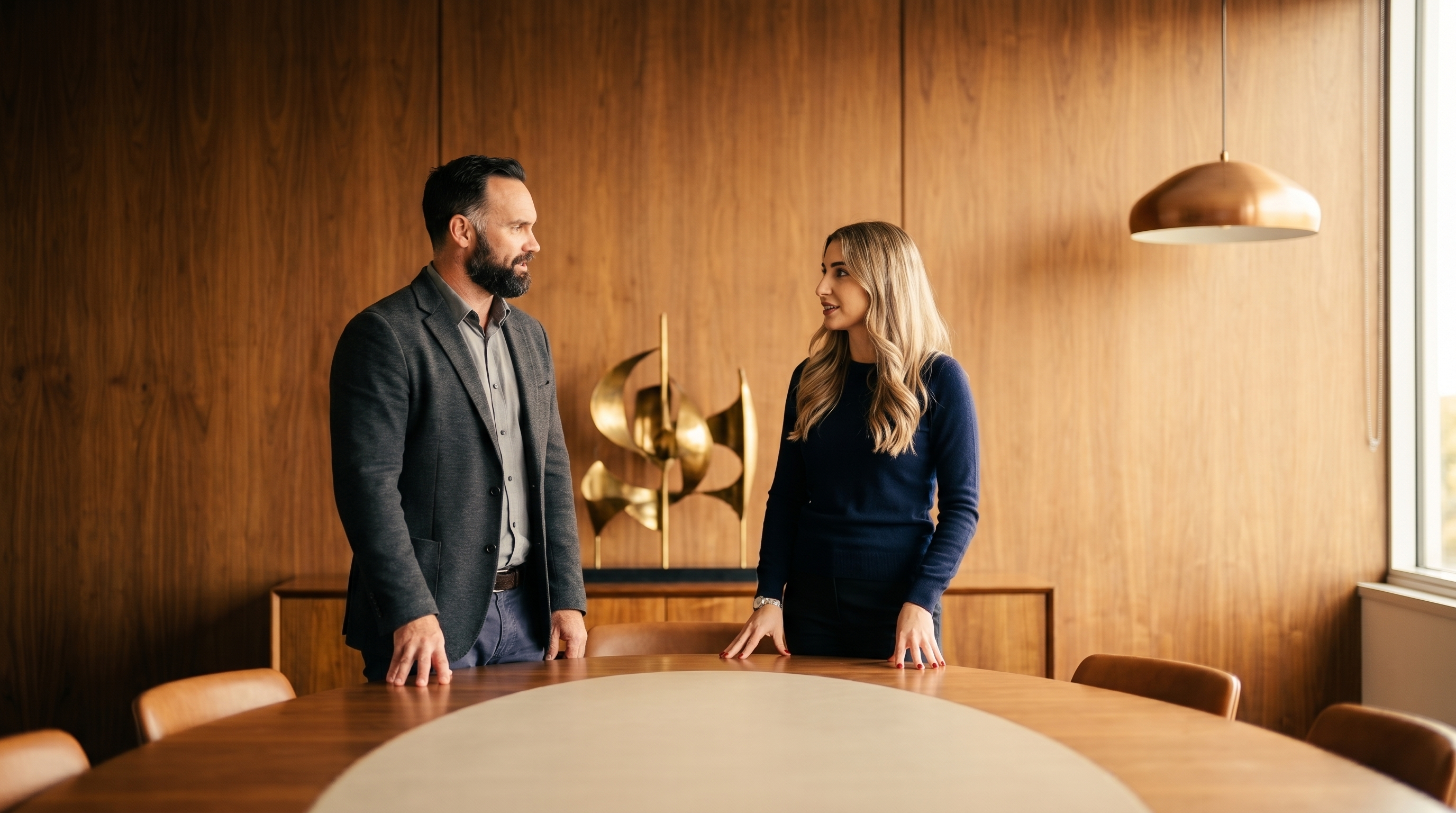 Shannon and Anthony presenting in a timber boardroom