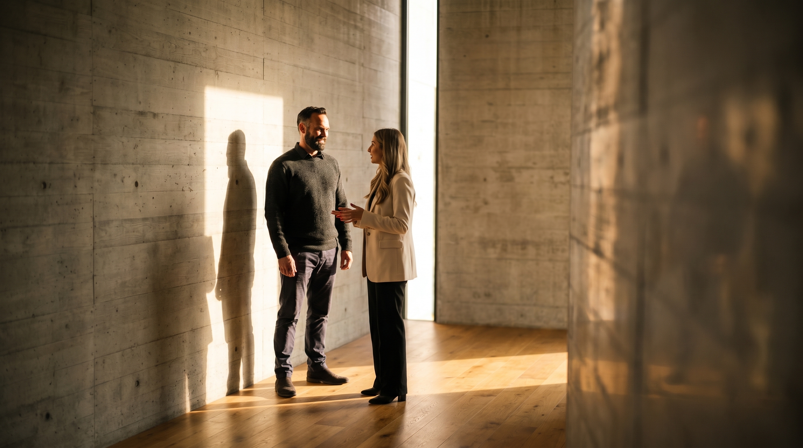 Shannon and Anthony in architectural concrete space, natural light