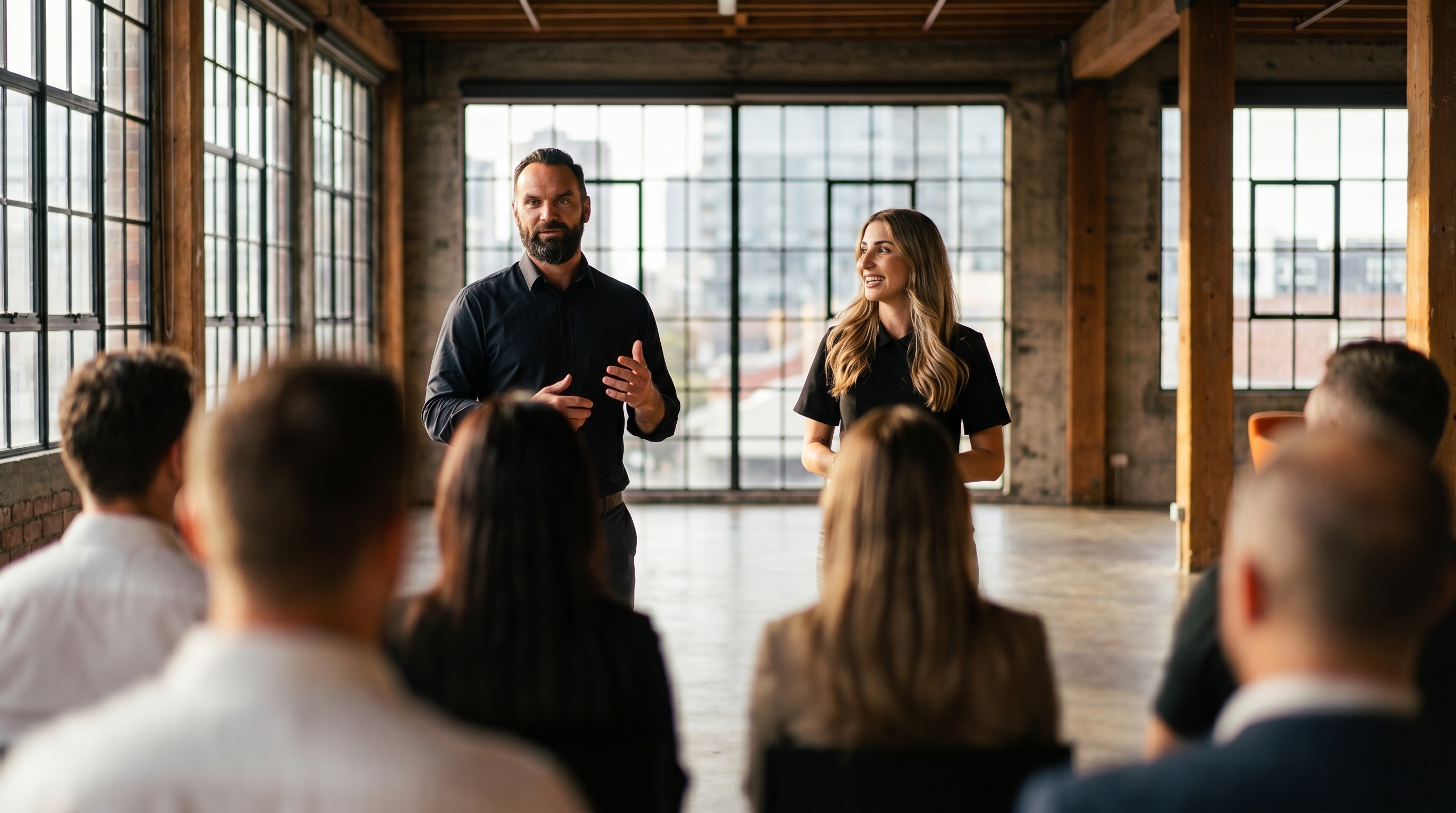 Anthony and Shannon presenting in a warehouse loft event space